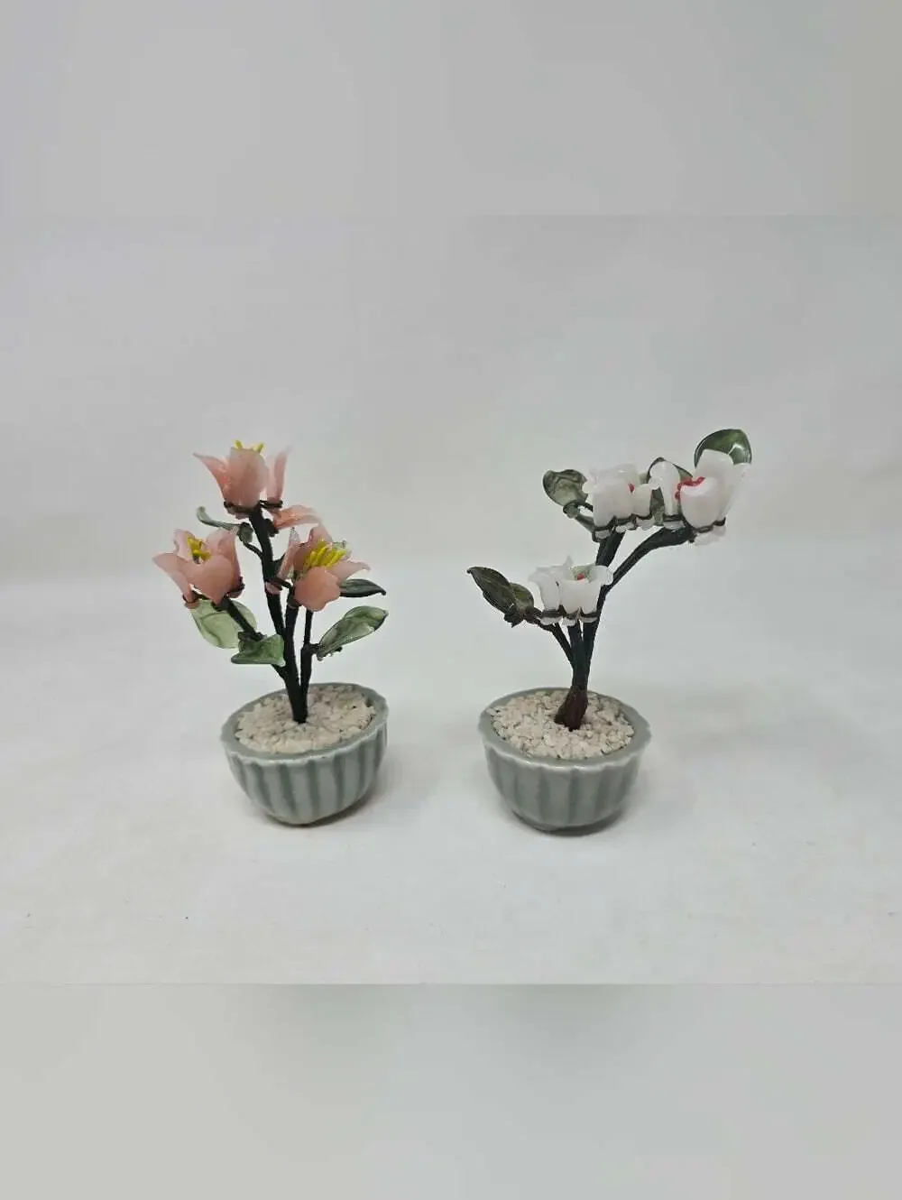 Vintage 80s Chinese Bonsai Tree Glass Wire Flowers Green Celadon Planter Pot